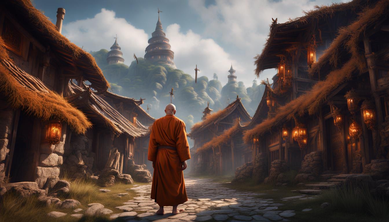 Monk in Village: Detailed Matte Painting
