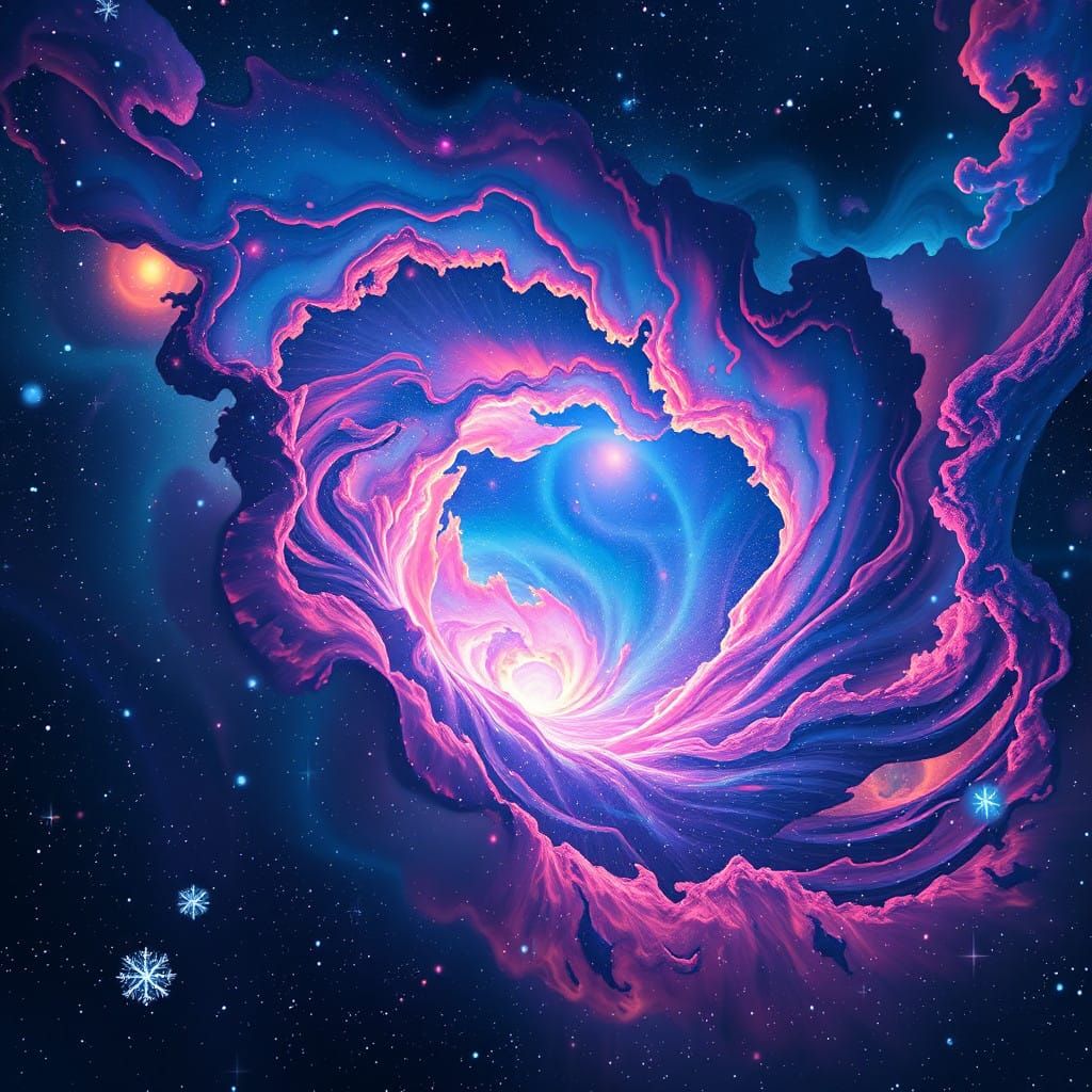 Ethereal Cosmic Snowflakes in Vibrant, Starry Expanse