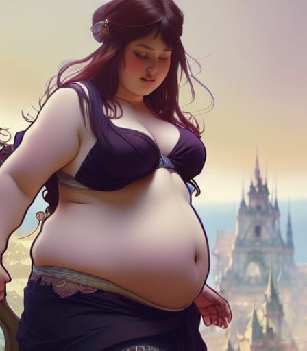 Curvaceous Girl with Exposed Belly in Art Nouveau Style