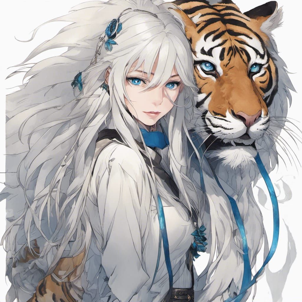 Woman with White Hair and Tiger Companion