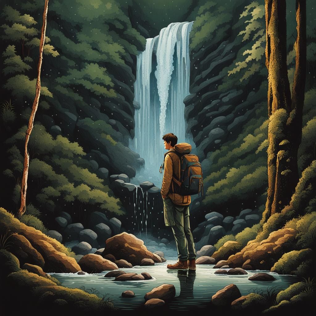 Man Under Waterfall: Stoic Resilience in Fantasy Art