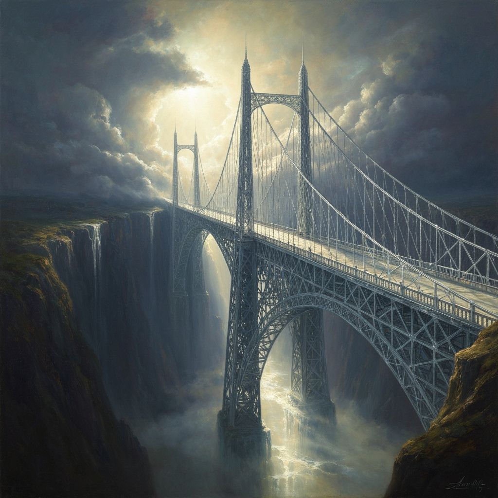 Epic Silver Web Bridge Under Celestial Light Oil Painting