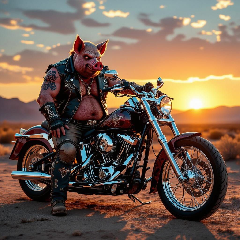 Pig-Man Biker in Desert Sunset, Photorealistic Style
