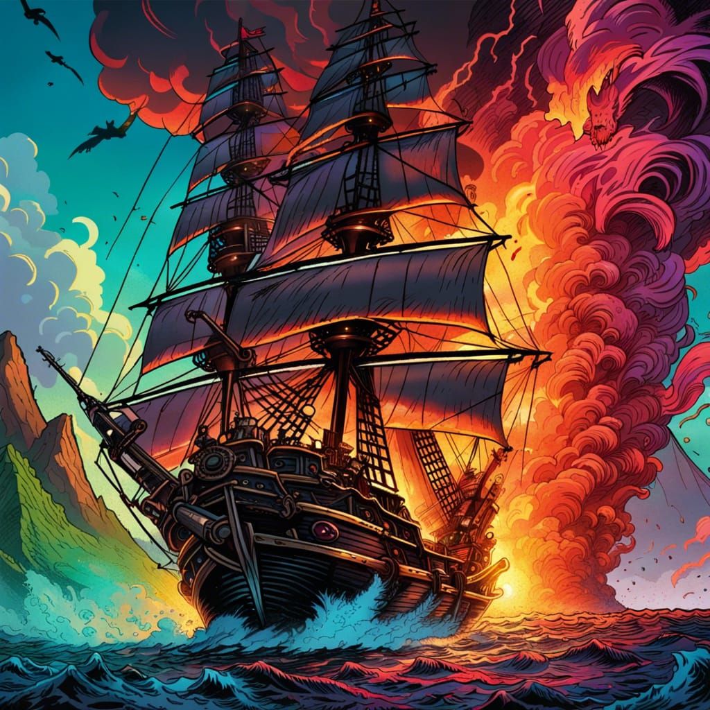 Pirate Ships Battle by Volcano in Comic Book Style