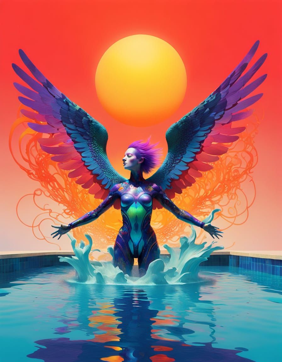 Cyborg Angel Bursts from Pool in Surreal Style