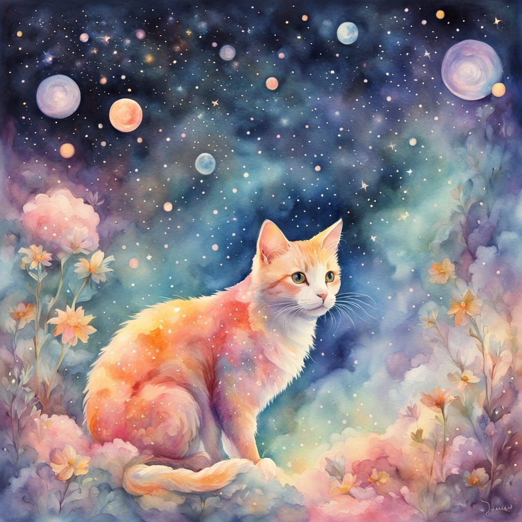 Celestial Cat on Strawberry in Watercolor Style