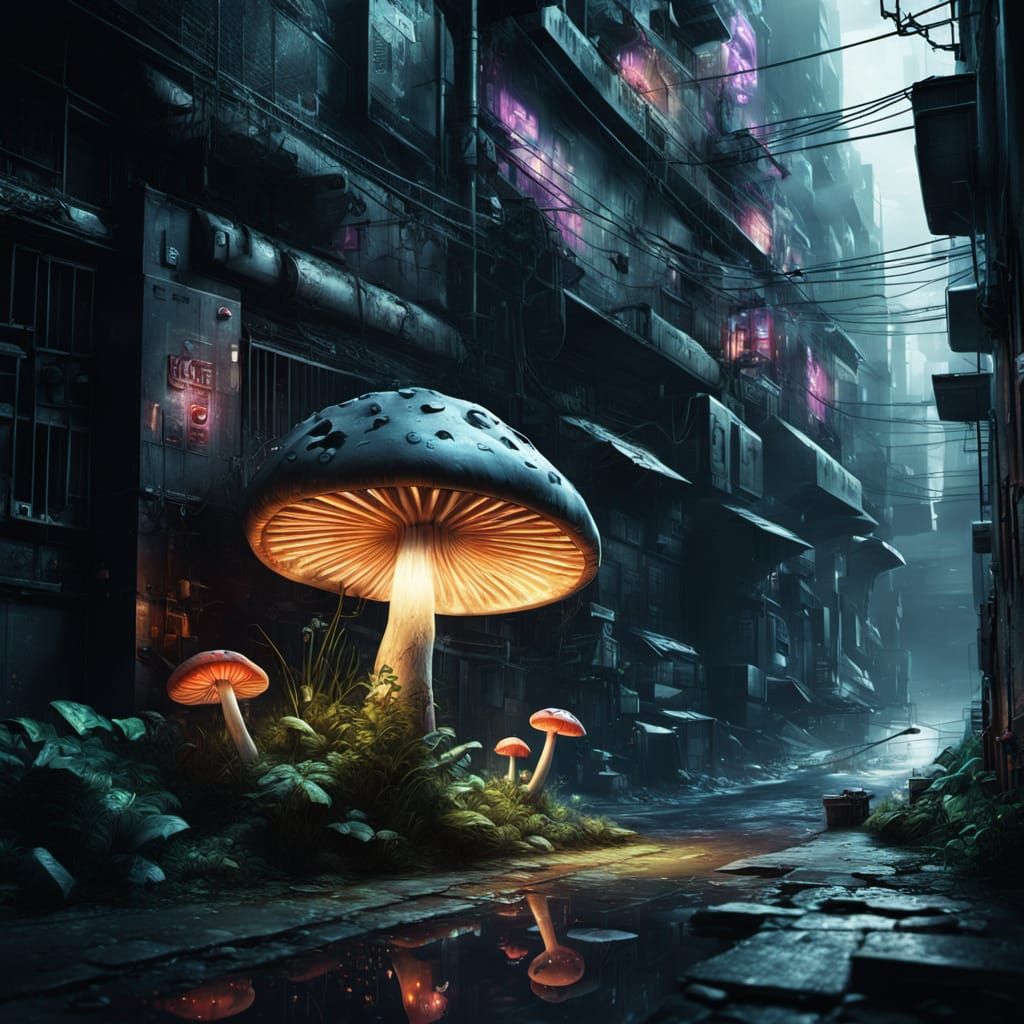 Cyberpunk Mushroom in Dark Alley: Digital Matte Painting