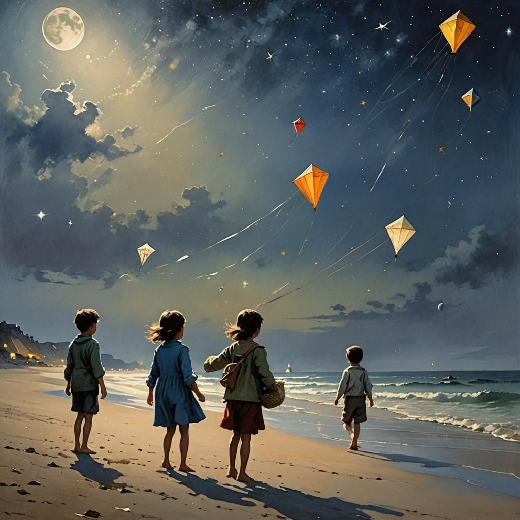 Children Fly Kites on Beach at Twilight
