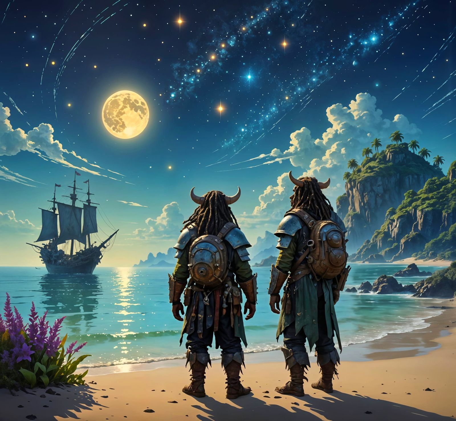 Ork Traveler Gazes at Luminous Island in Monet-Inspired Sky