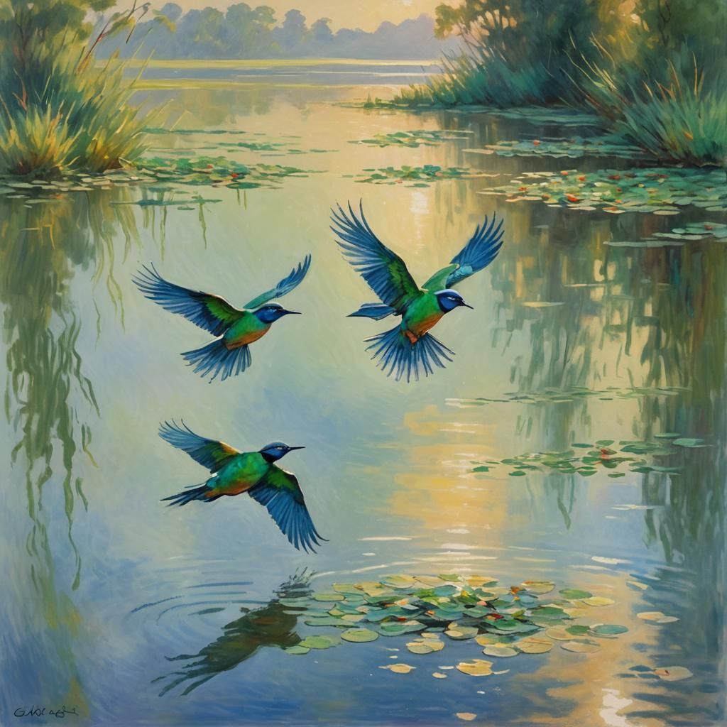 Impressionist Birds Soar into Morning Radiance Above a Seren...