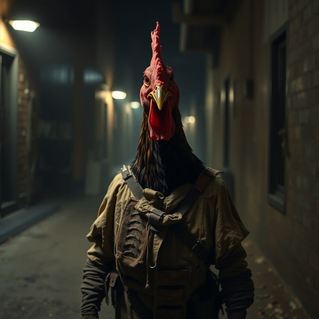 Hyperrealistic Chicken-Legged Humanoid in Film Noir Setting