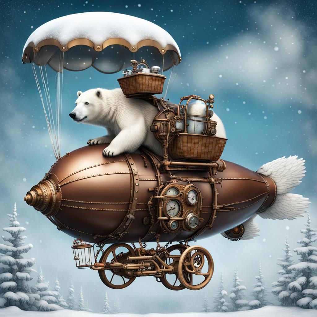 Steampunk Polar Bear in Blimp Over Snowy Sky