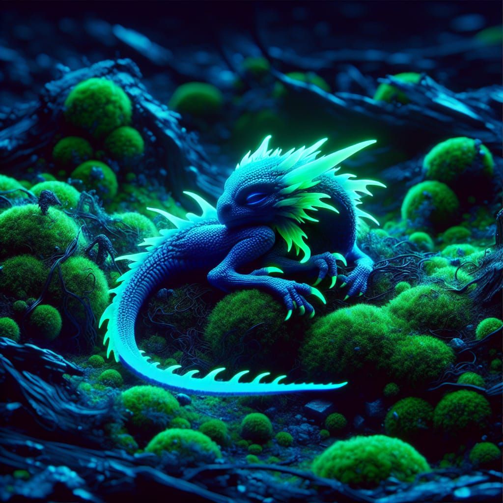 Neon Cyan Dragon Sleeps in Mossy Forest