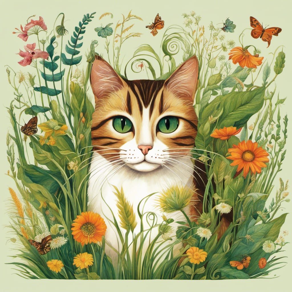 Botanical Illustration of Cat with Floral Elements