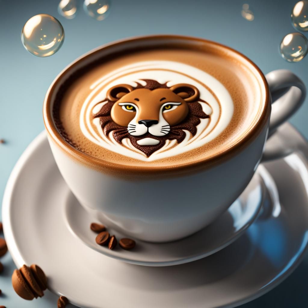 Lioness Latte Art in Hyperrealistic Cartoon Style
