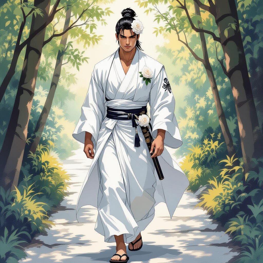 Elegant Monk with White Rose, Japanese Aesthetic