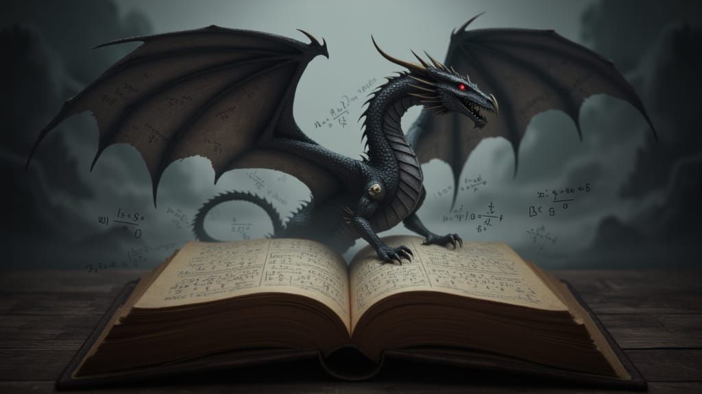 Mystical Dragon in Ancient Book with Math Equations