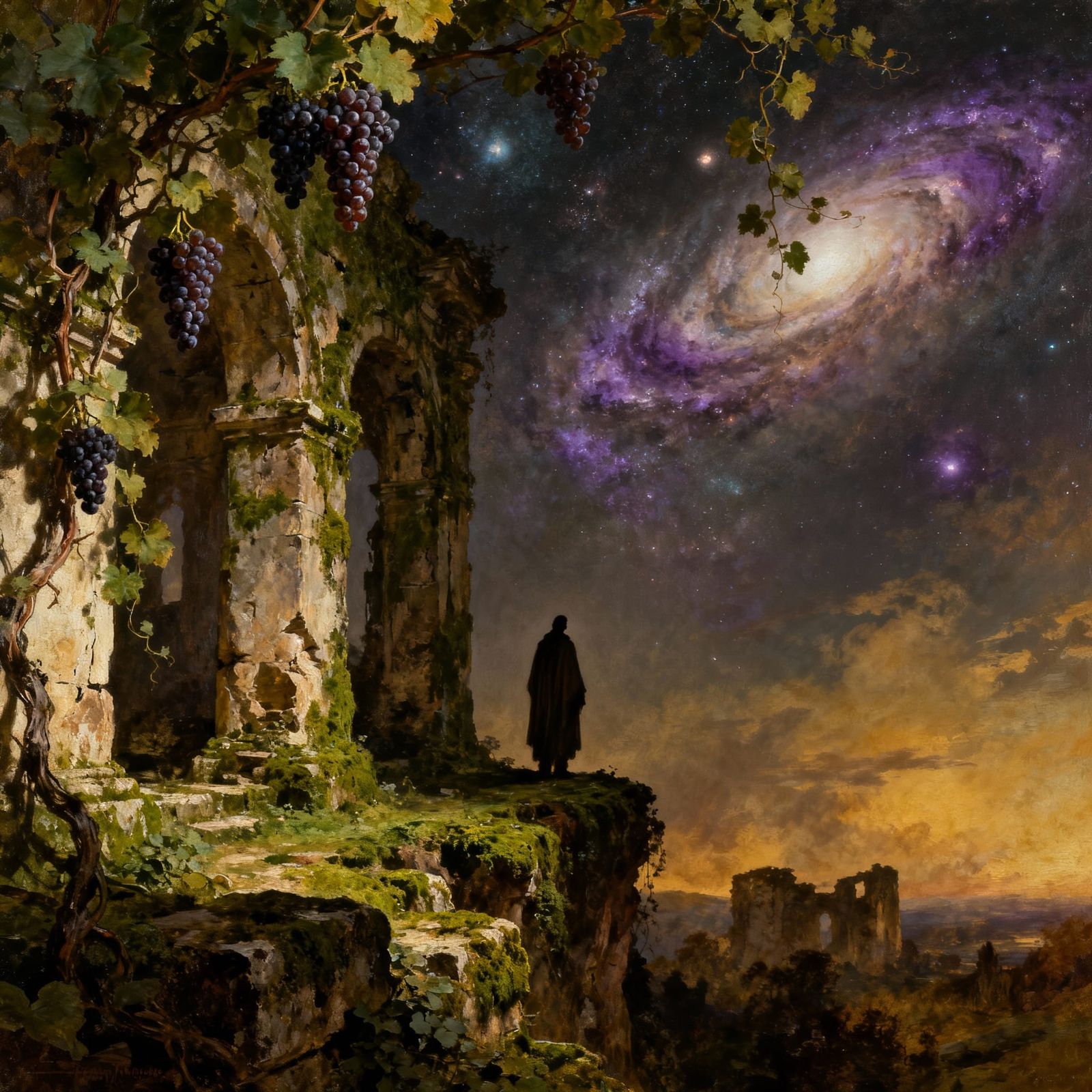 Wanderer at Ancient Ruins Under Cosmic Sky
