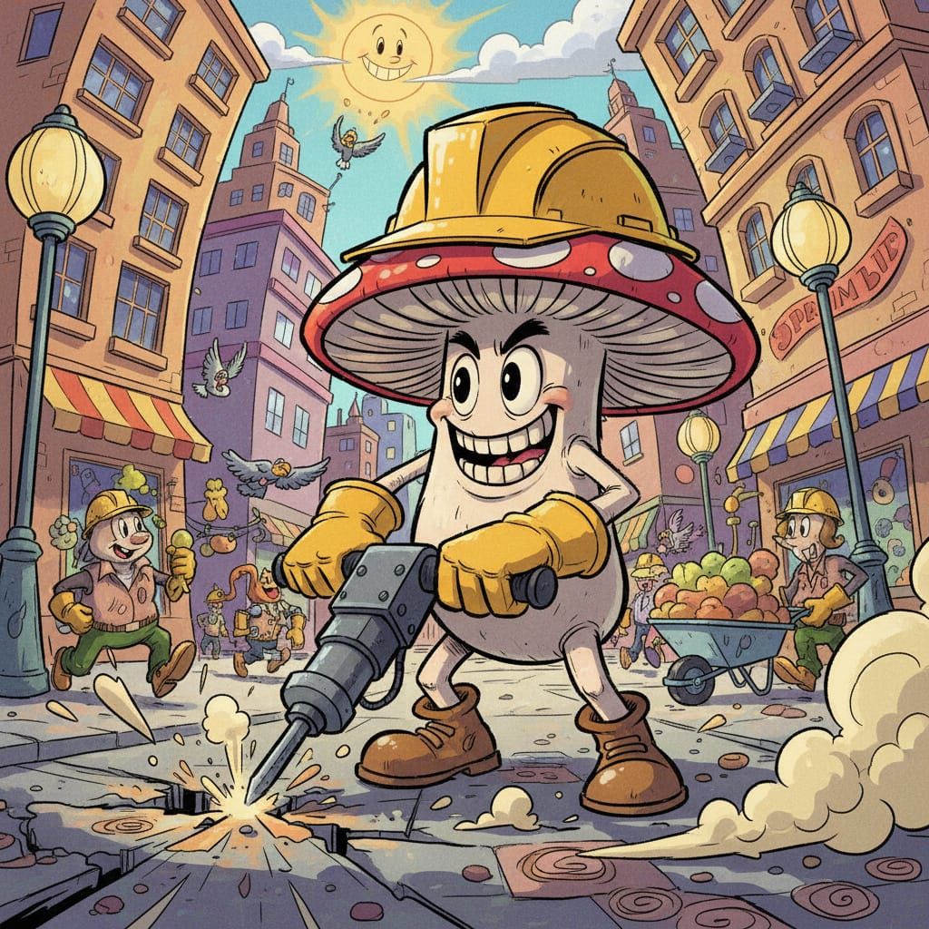 Cartoon Mushroom Construction Worker with Jackhammer