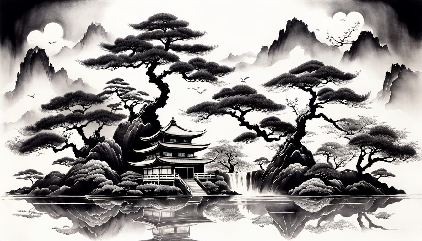 Floating Bonzai Garden in Japanese Sumi-e Style
