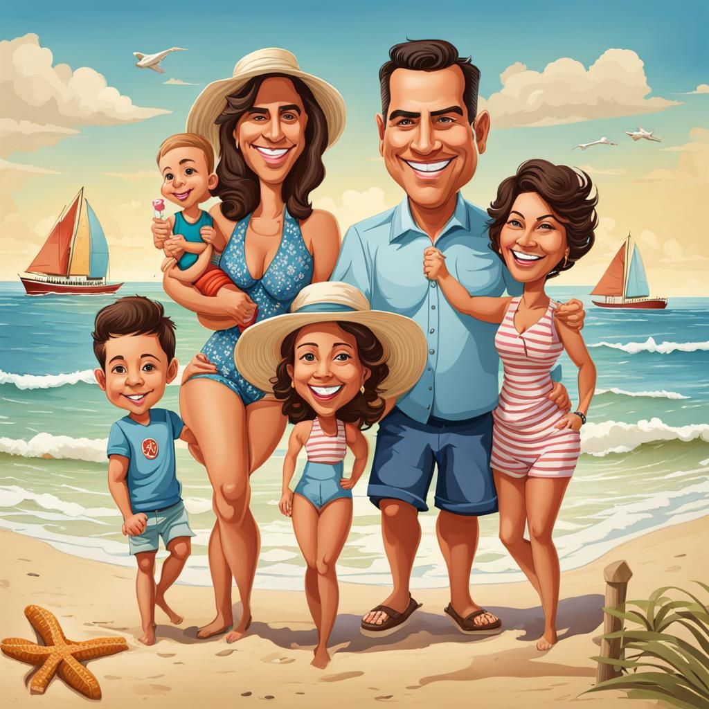 Beach Day Caricature of a Family