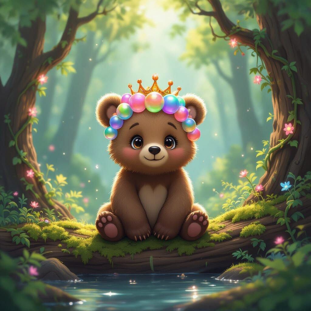 Bear Cub with Bubblegum Crown in Enchanted Forest