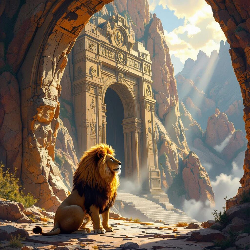 Lion Guardian of Ancient Temple, Renaissance Art Style