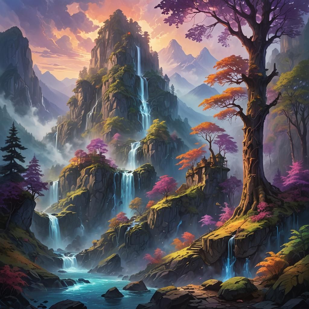 Majestic Mountain Landscape in Vivid Oil Painting Style