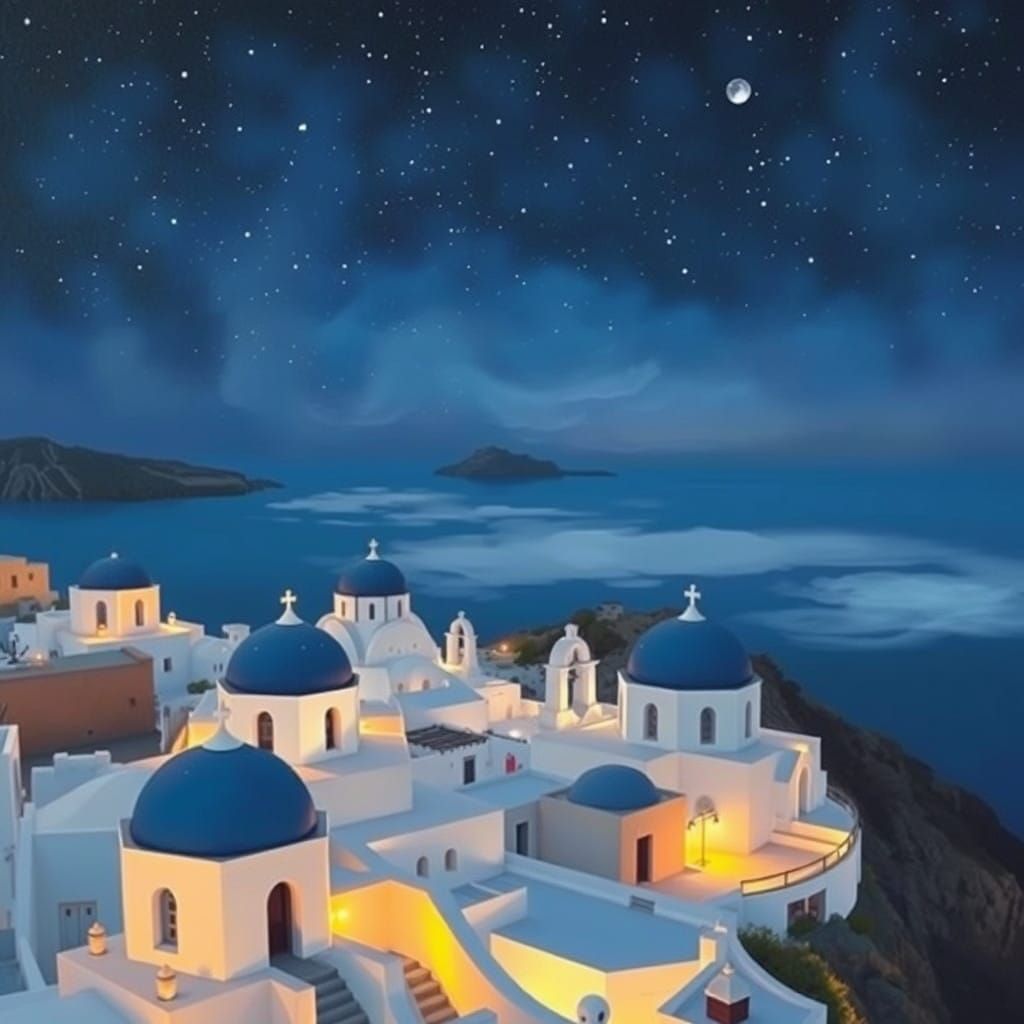 Santorini Under Starry Night Sky in Impressionist Style