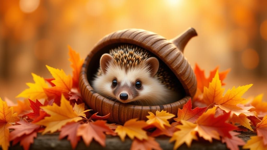 Cute Hedgehog in Autumn Leaves Inside Giant Acorn
