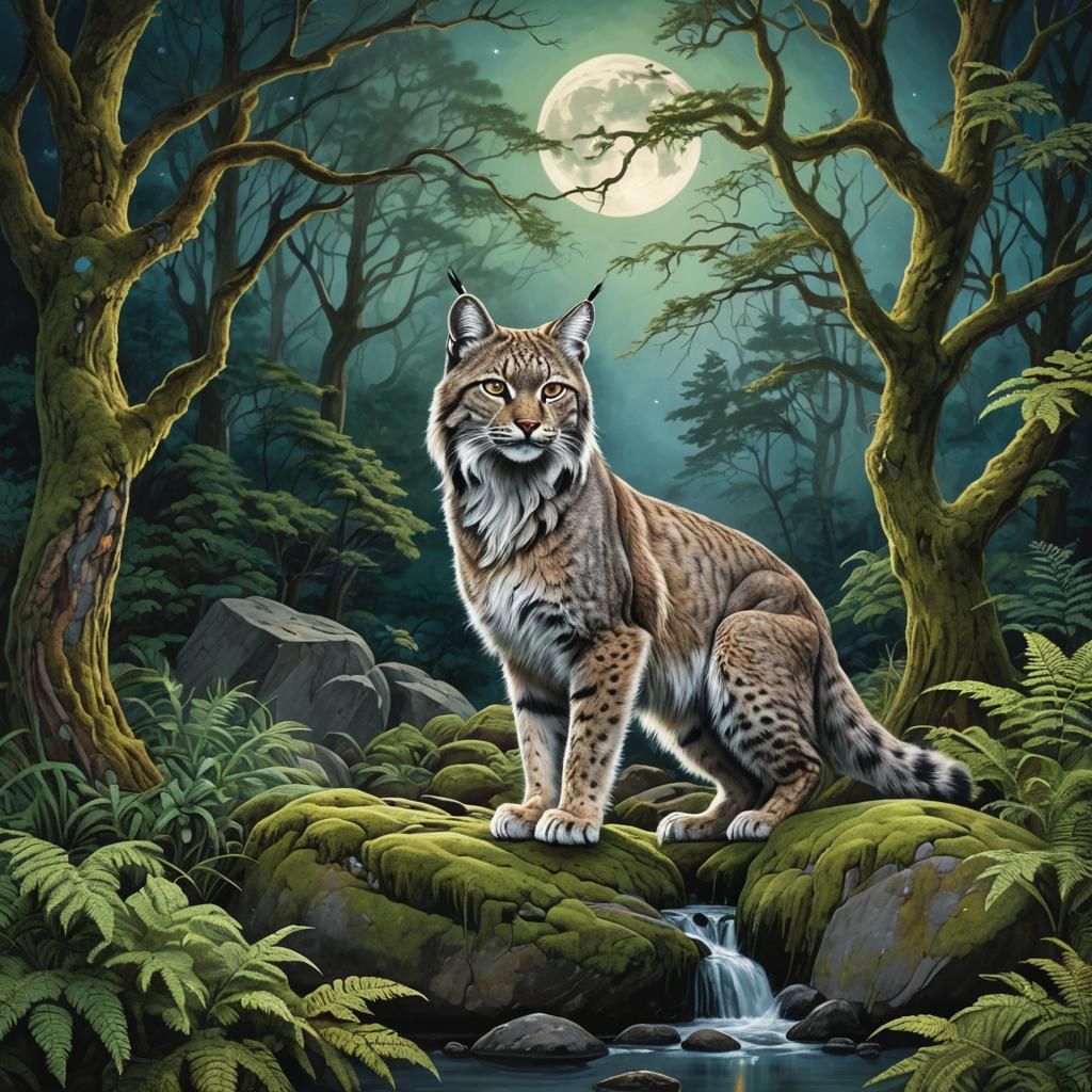 Lynx Hunting Under Moonlight in Hyperrealistic Style