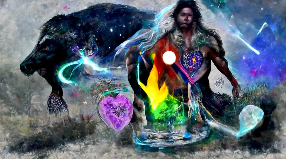 Druid Warrior Spirit in Holographic Cosmic Illustration