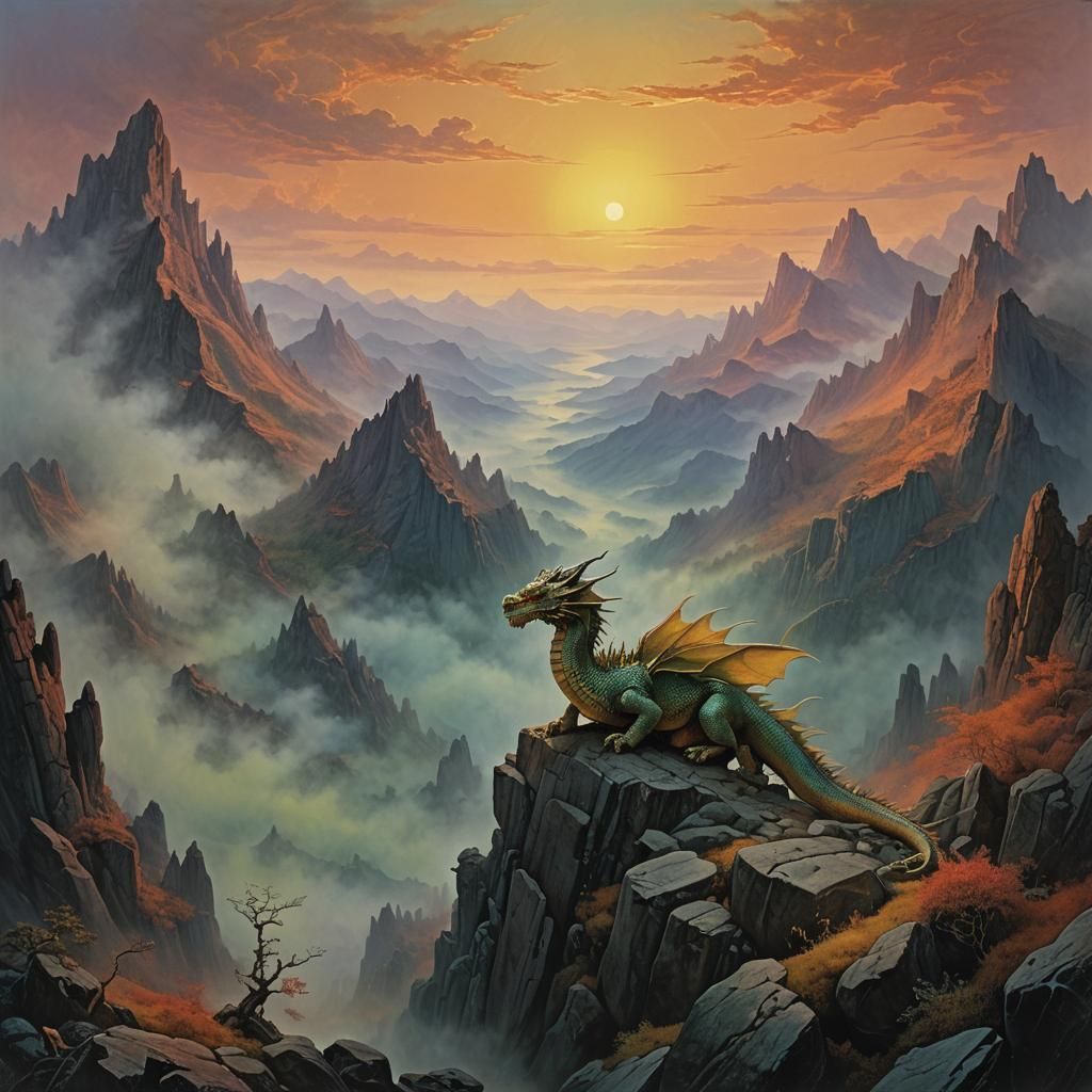 Iridescent Dragon in Misty Mountain Landscape