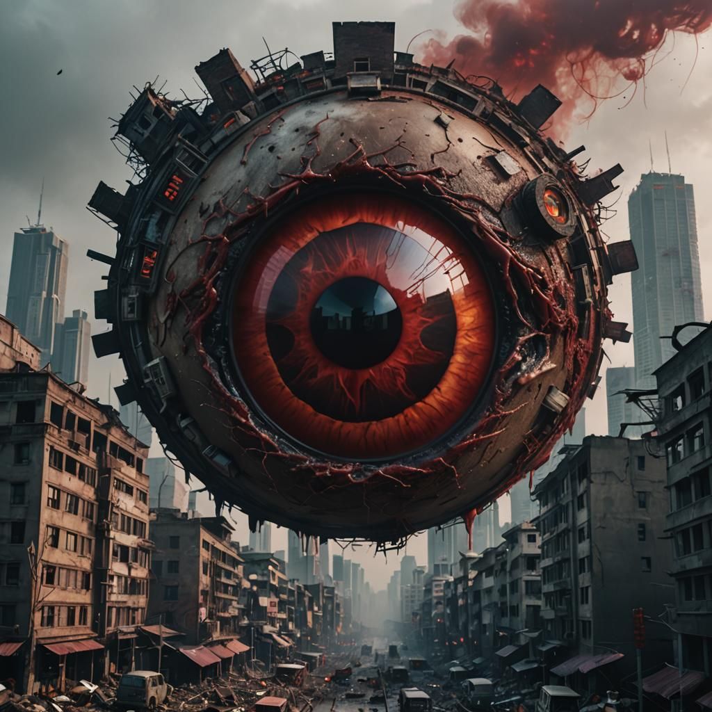 Giant Eyeball Watches Over Polluted City in Film Noir