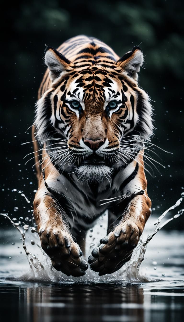 Monochrome Tiger Runs on Water: Wildlife Photography