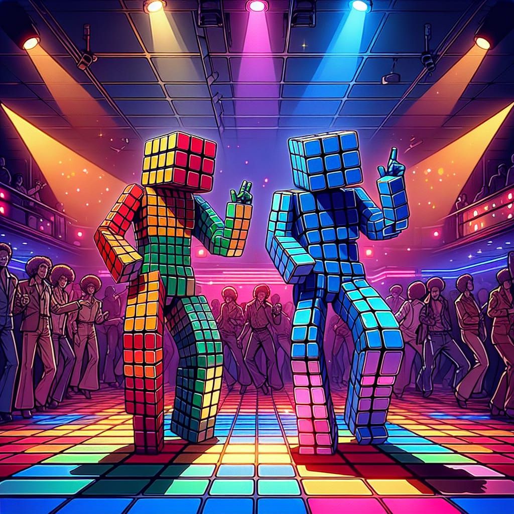 Rubik's Cube Dancers in 1970s Disco, Cel-Shaded Manga