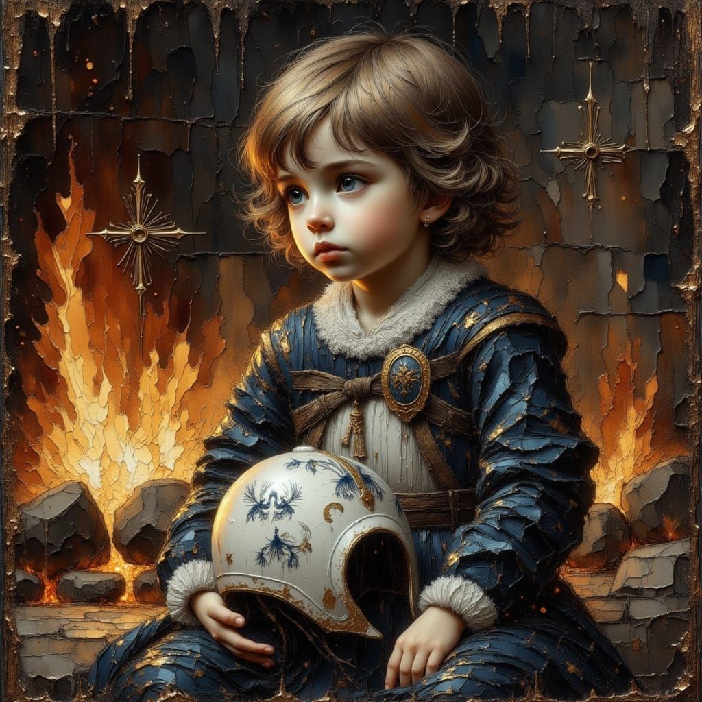 Tudor Boy in Armour with Unicorn Helmet and Great Dane