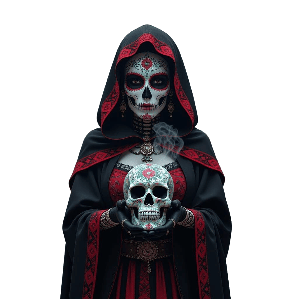 La Catrina in Hooded Robe Holding Fractal Skull