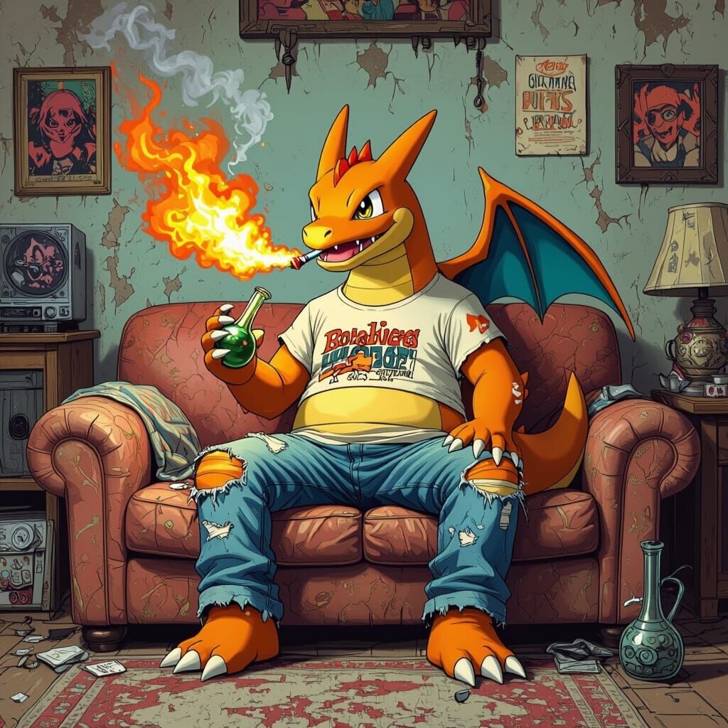 Charizard Lights Bong in Ralph Steadman-esque Digital Art