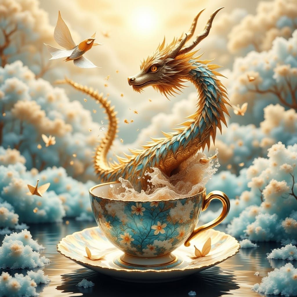 Origami Dragon Archipelago in Teacup, Ukiyo-e Style