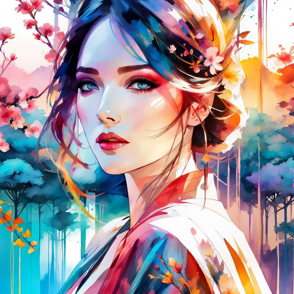 Blossom Double Exposure Watercolor Summerscape Sunset