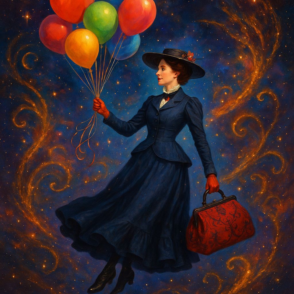 Victorian Mary Poppins Floating in Cosmic Scene