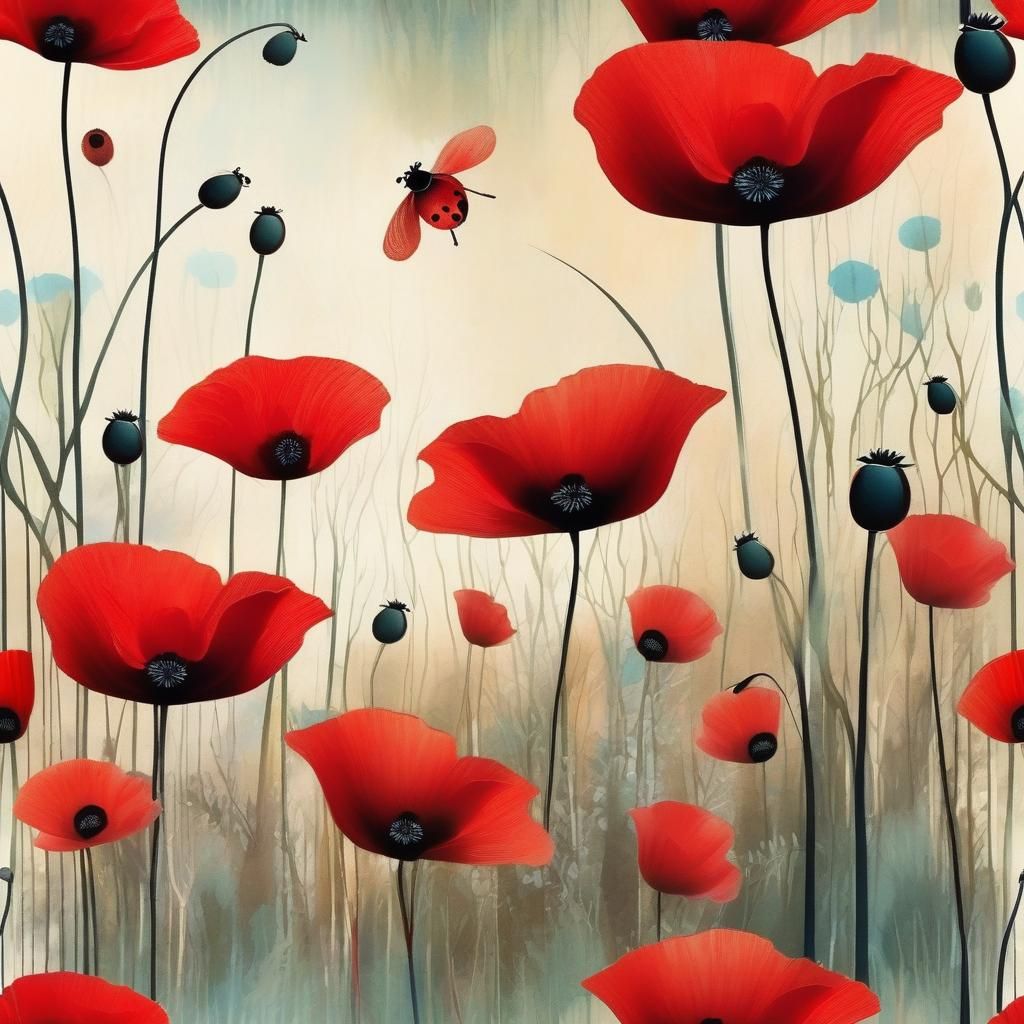 Abstract Red Poppies with Ladybug in Cartoon Ebru Style