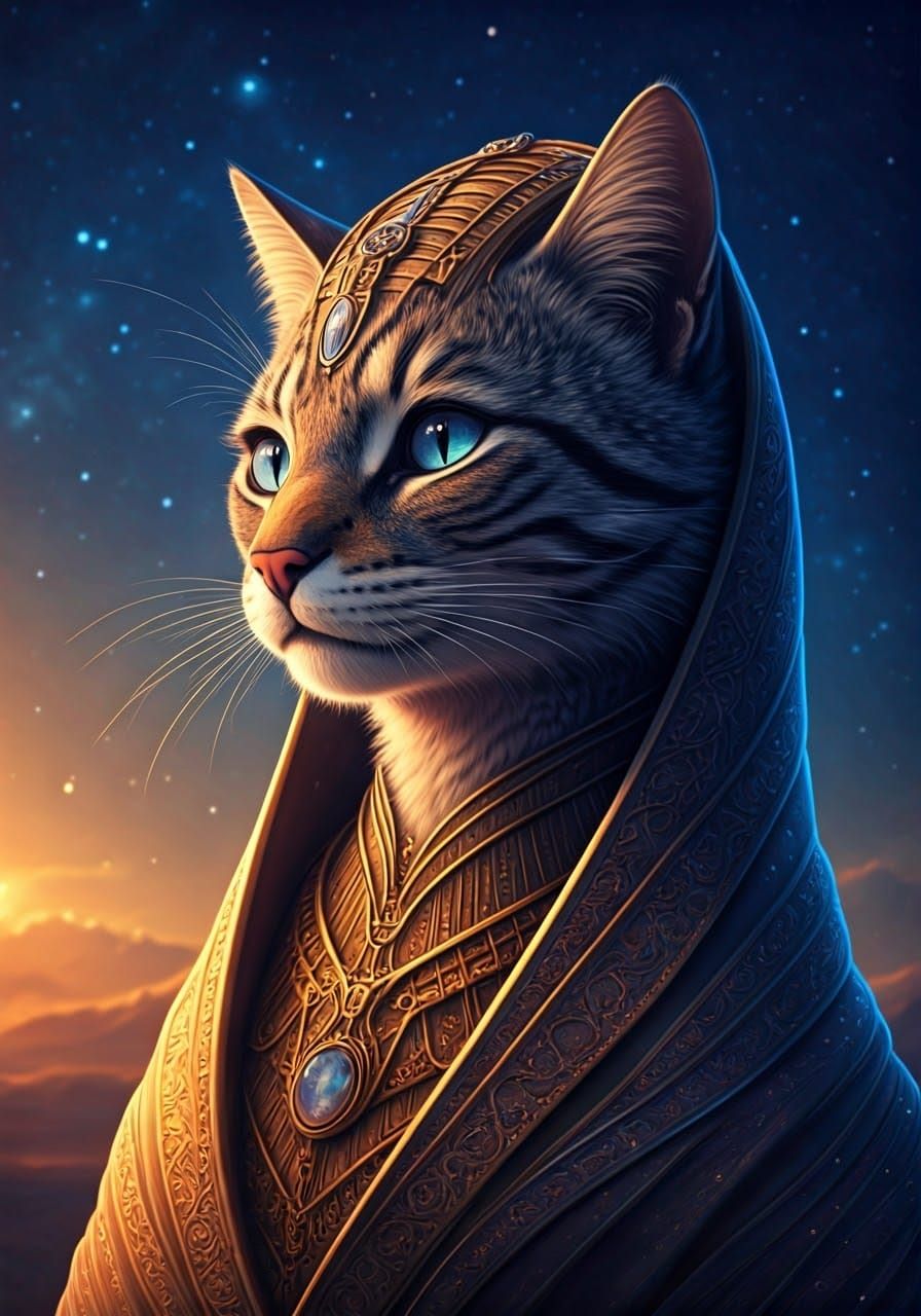 Celestial Feline Priestess in Ethereal Starry Scene