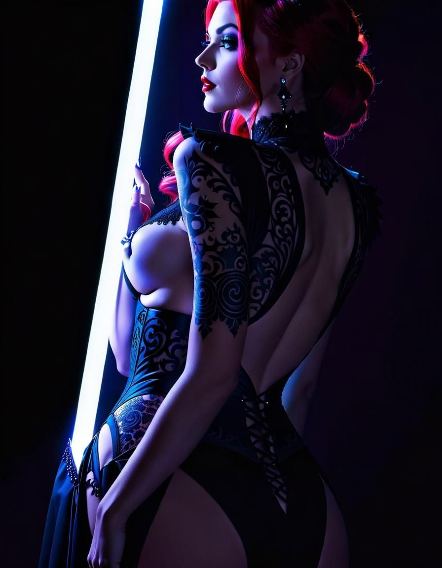 Gothic Woman with Intricate Tattoo in Rococo-Horrorcore Styl...