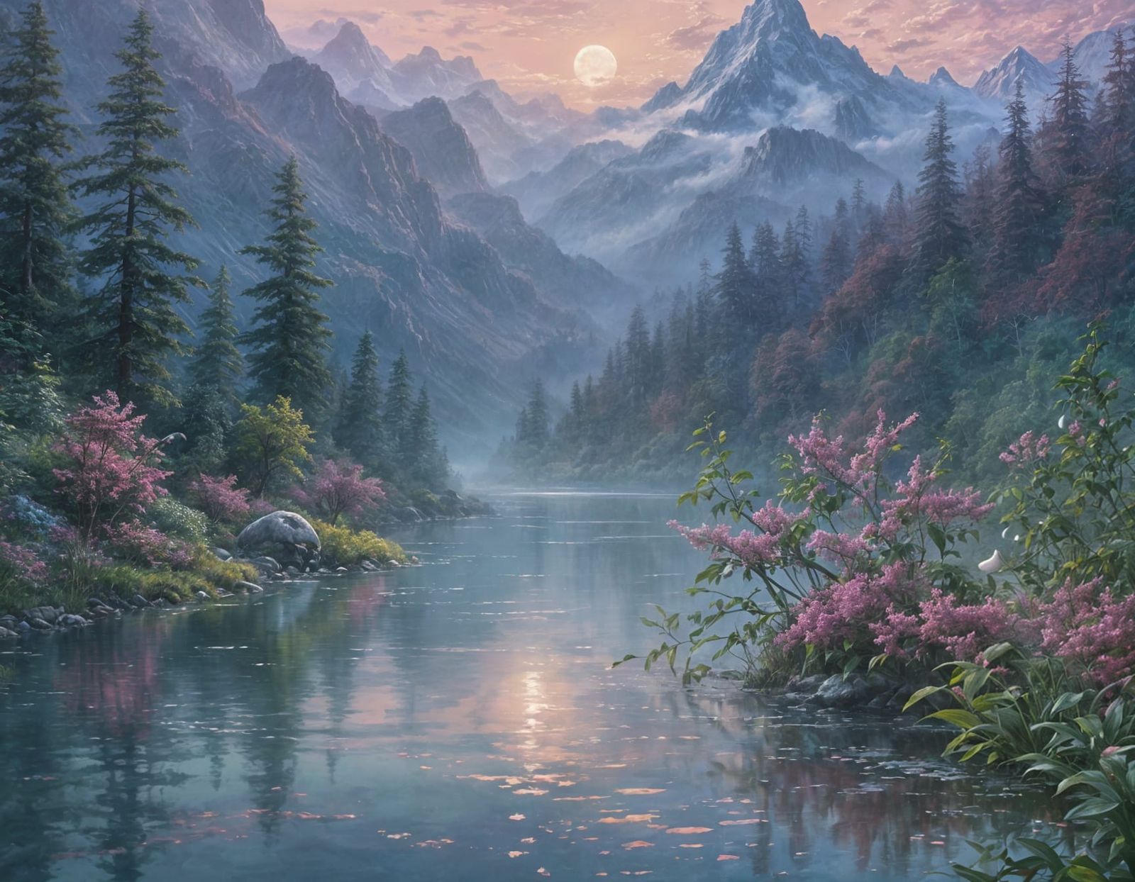 Surreal Moon Reflection Above Misty Mountains