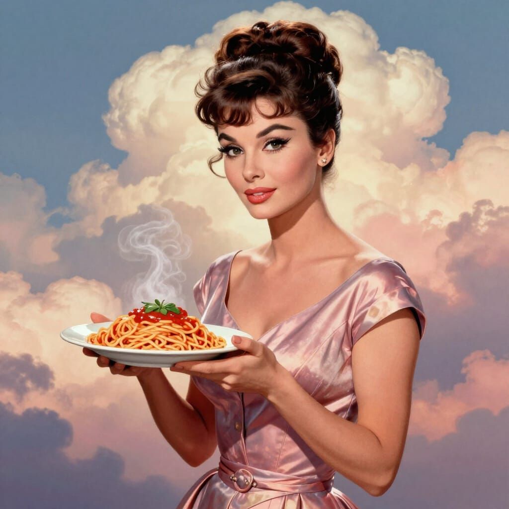 Sophia Loren With Spaghetti Under Surreal Art Deco Sky