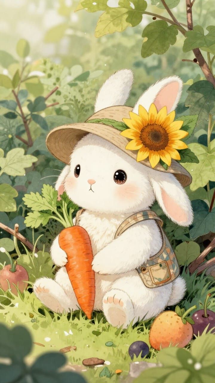Cute Chibi Rabbit Farmer with Carrot in Garden