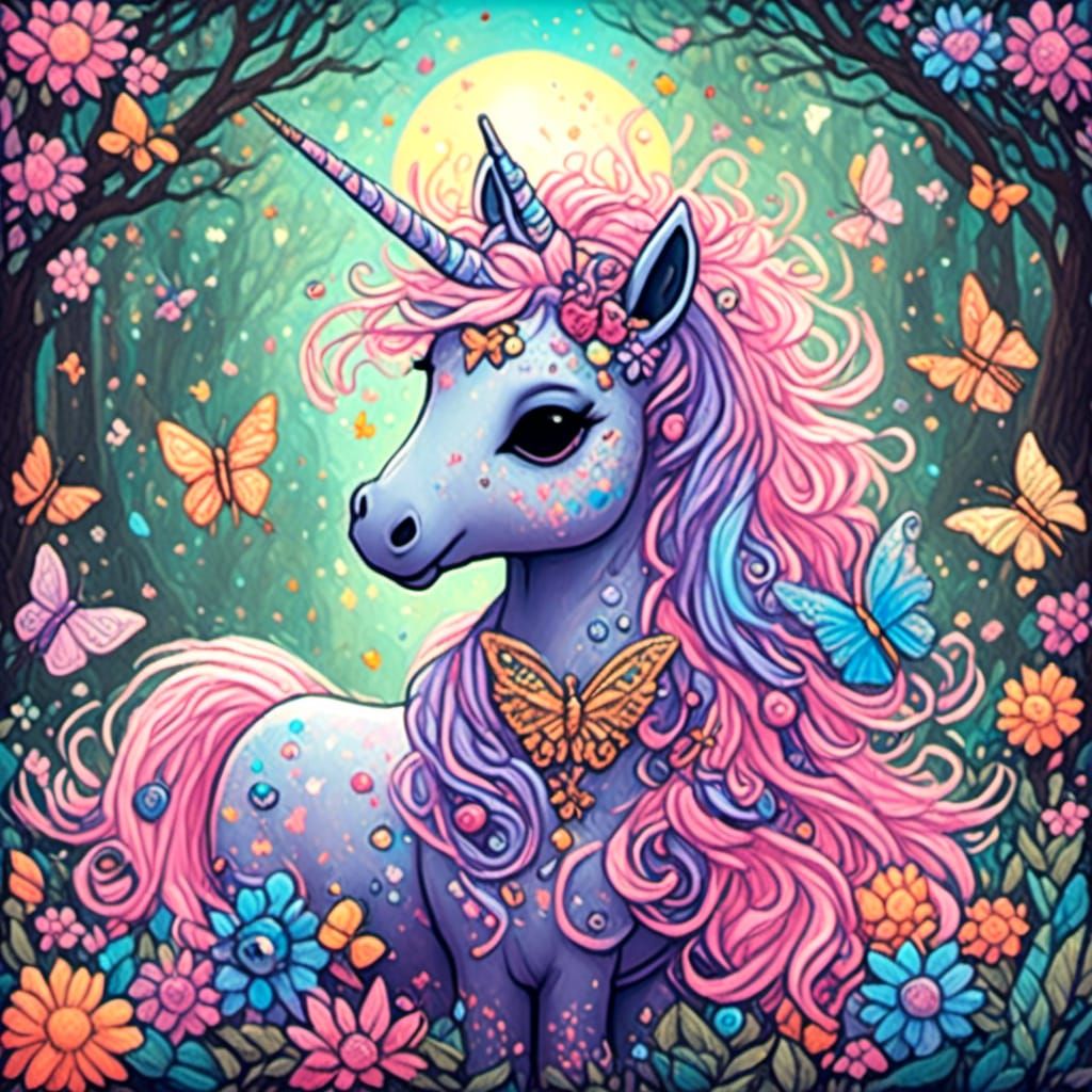 Chibi Unicorn with Pastel Wings in Magical Forest