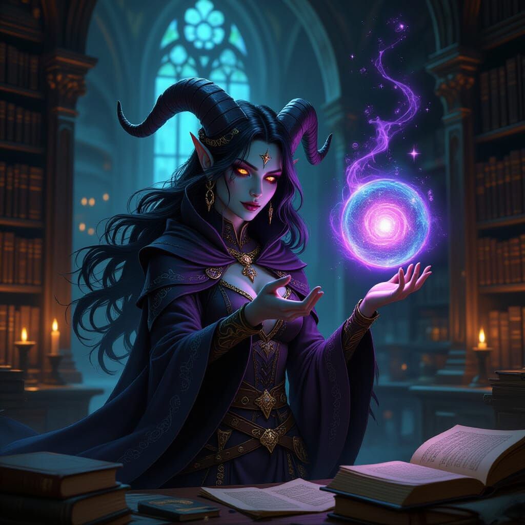 Tiefling Sorceress Casting Spell in Gothic Library
